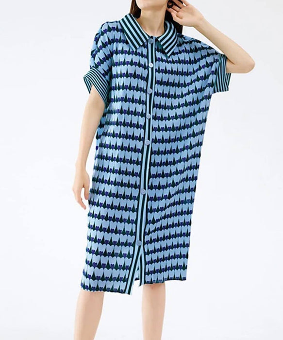 Collared Short Sleeve Printed Short Dress In Green - BEYAZURA.COM
