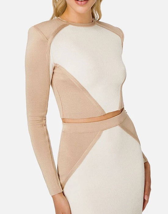 Color Block Cropped Top And Skirt Bandage Set - BEYAZURA.COM