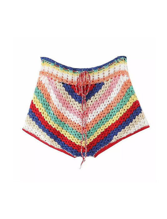 Colorful Stripe Pattern Knitted Short Co Ord Set - BEYAZURA.COM