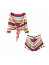 Colorful Stripe Pattern Knitted Short Co Ord Set - BEYAZURA.COM