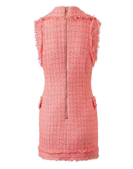 Coral Red Tweed Sleeveless Dress - BEYAZURA.COM