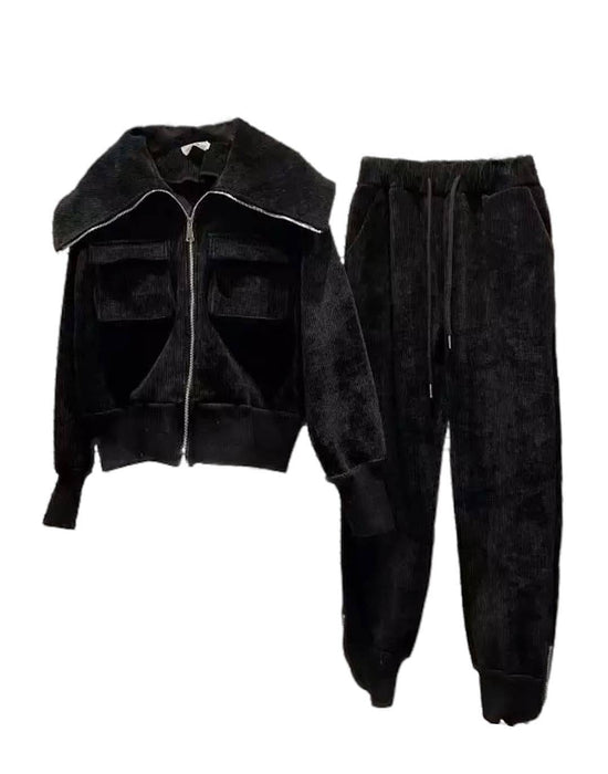 Corduroy Shawl Collar Jacket Pants Set - BEYAZURA.COM