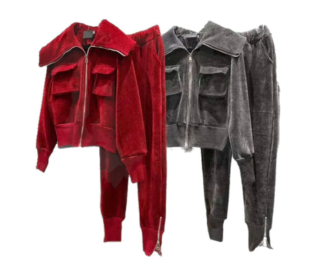 Corduroy Shawl Collar Jacket Pants Set - BEYAZURA.COM