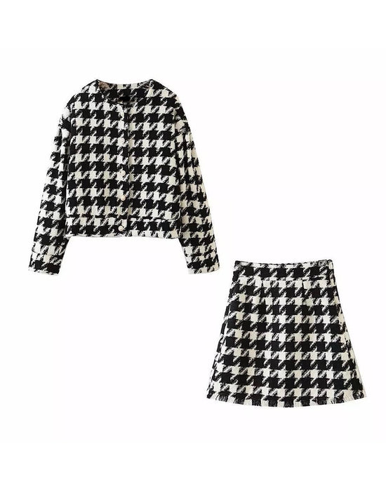 Cozy Houndstooth Jacket and Matching Skirt Tweed Set - BEYAZURA.COM