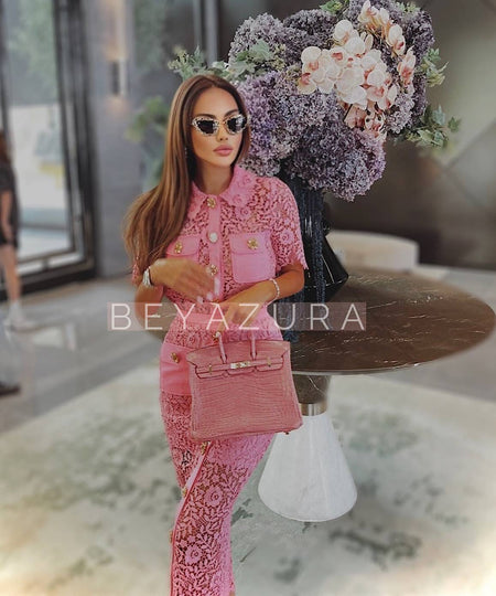 Crochet Knitted Slim Shirt Skirt In Pink - BEYAZURA.COM