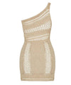 Crochet One Shoulder Mini Dress In Beige - BEYAZURA.COM