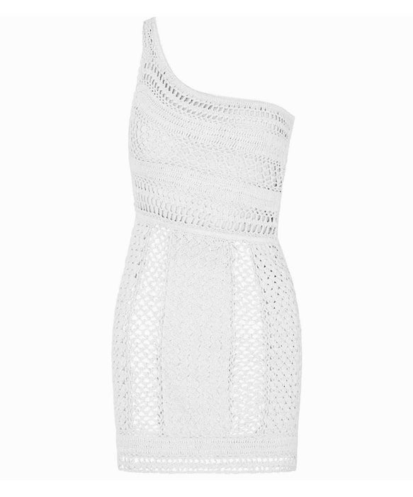 Crochet One Shoulder Mini Dress In Beige Beyazura.com Crochet One Shoulder Mini Dress In Beige Beyazura.com