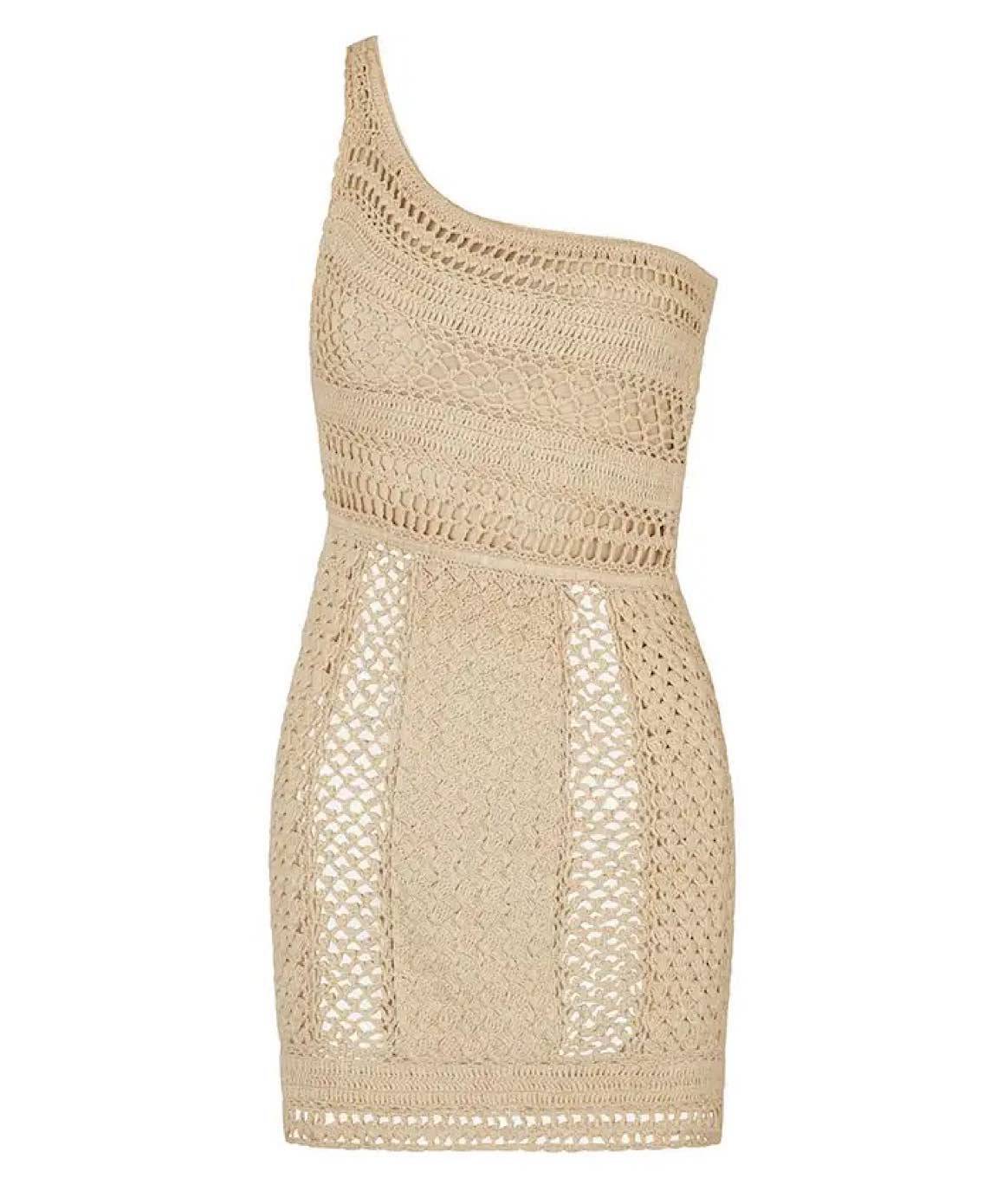 Crochet One Shoulder Mini Dress In Beige - BEYAZURA.COM