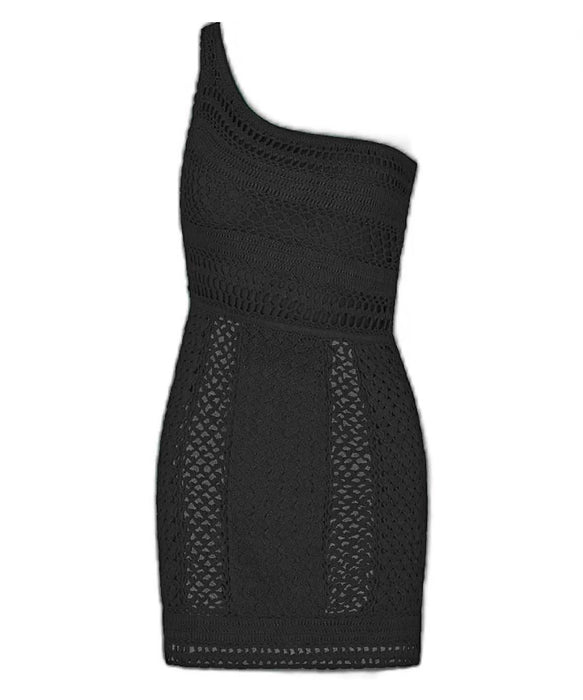 Crochet One Shoulder Mini Dress In Black–