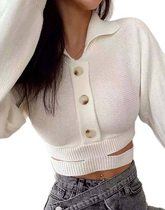 Cropped Cut Out Collar Sweater - BEYAZURA.COM