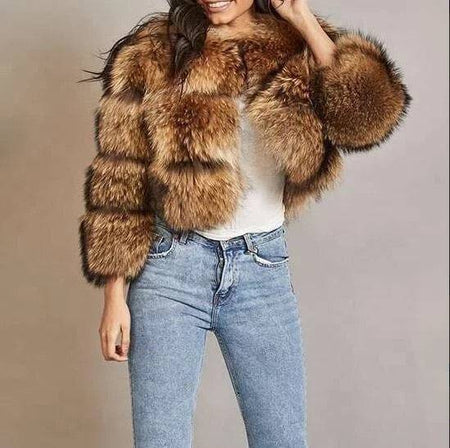 Cropped Dusty Brown Raccoon Fur Coat - BEYAZURA.COM