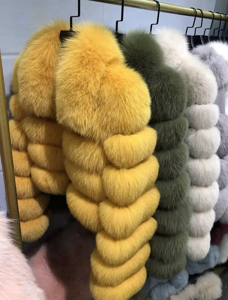 Cropped Striped Short Panel Fox Fur Coat - BEYAZURA.COM