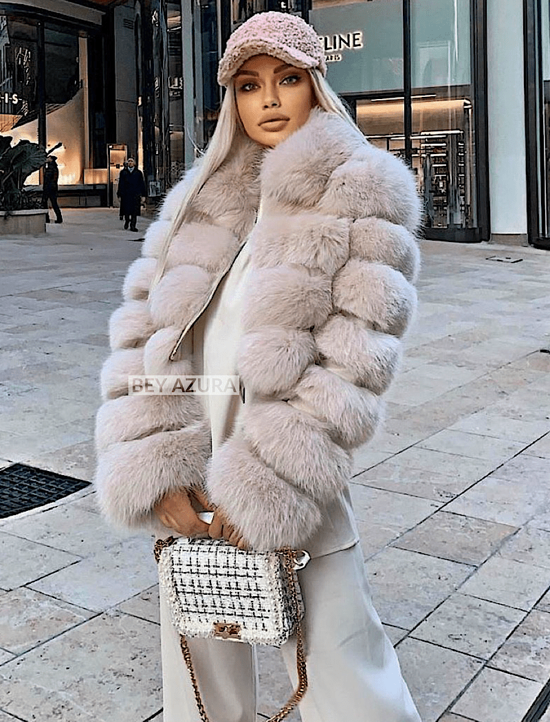 Cropped Striped Short Panel Fox Fur Coat– Beyazura.com