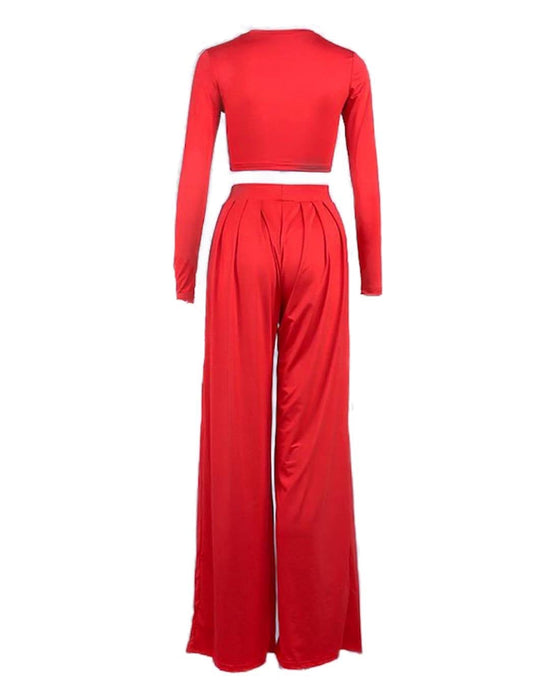 Cropped Top And Long Pleated Pants Two Piece Set - BEYAZURA.COM