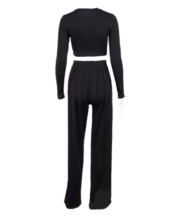 Cropped Top And Long Pleated Pants Two Piece Set - BEYAZURA.COM