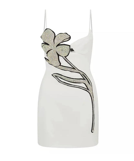 Crystal Flower Bust Mini Dress In White - BEYAZURA.COM