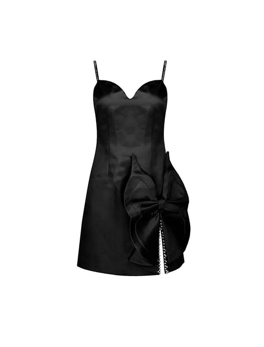 Crystal Slit Bow Trimmed Mini Dress - BEYAZURA.COM