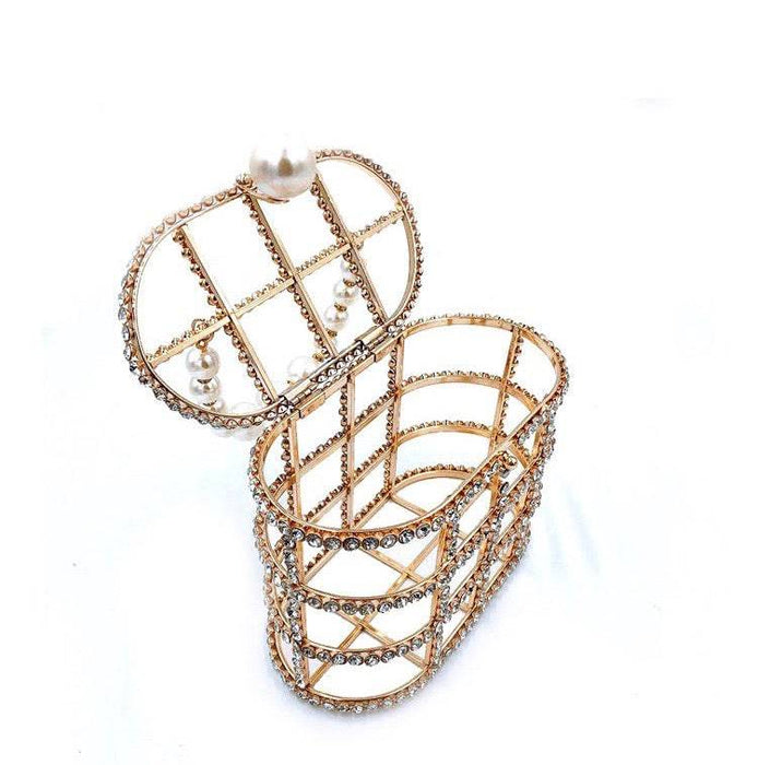 Crystallized Cage Pearl Handle Clutch - BEYAZURA.COM