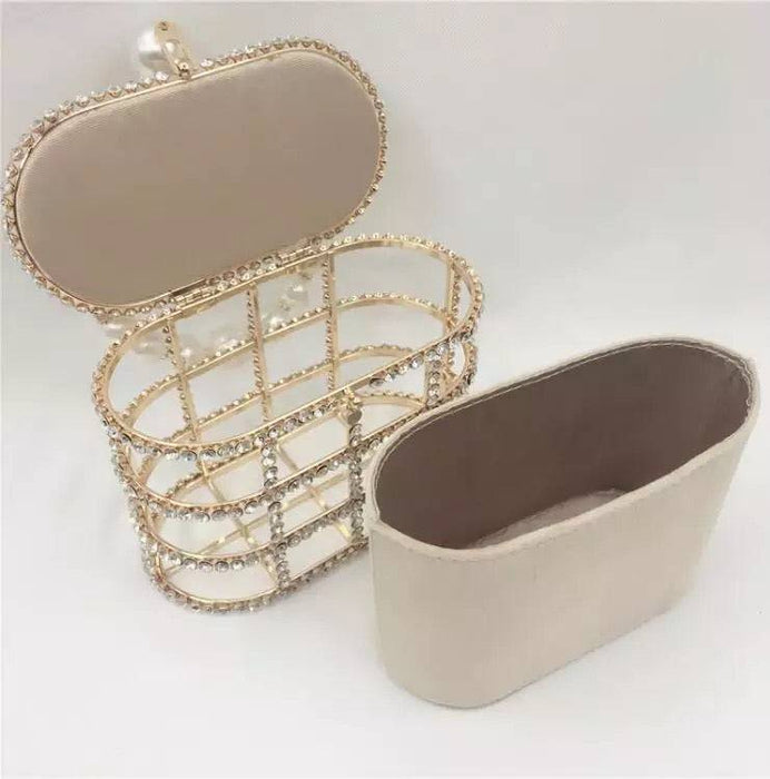 Crystallized Cage Pearl Handle Clutch - BEYAZURA.COM