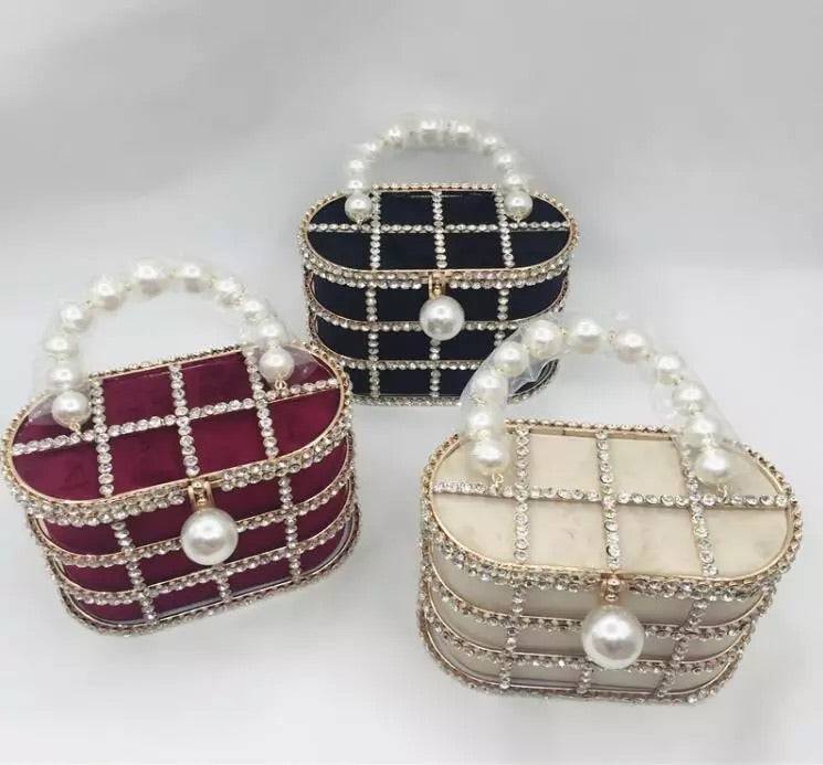 Crystallized Cage Pearl Handle Clutch - BEYAZURA.COM