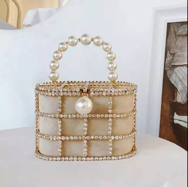 Crystallized Cage Pearl Handle Clutch - BEYAZURA.COM