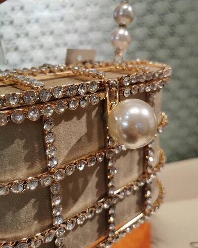 Crystallized Cage Pearl Handle Clutch - BEYAZURA.COM