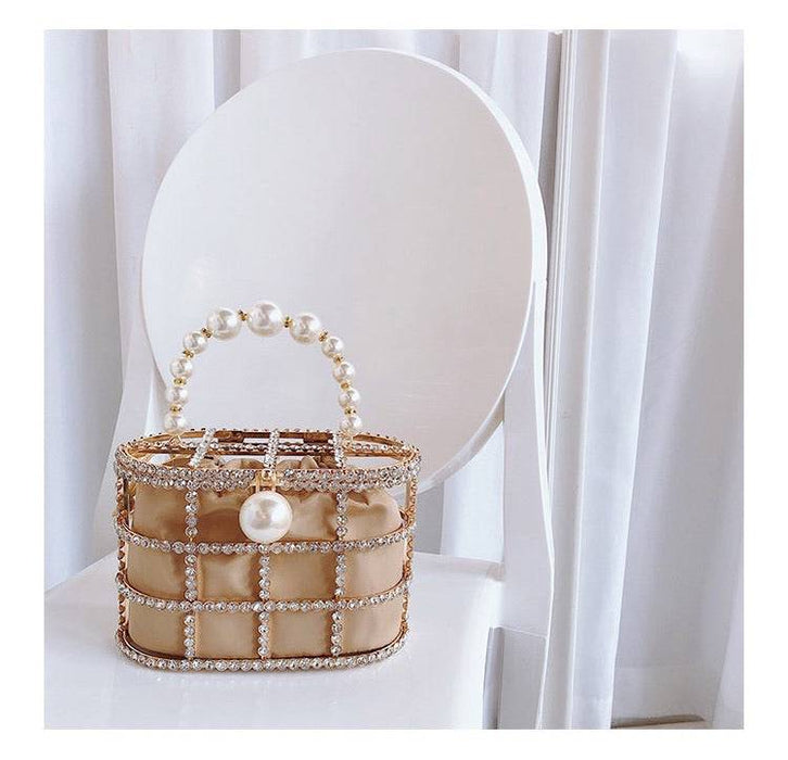 Crystallized Cage Pearl Handle Clutch - BEYAZURA.COM