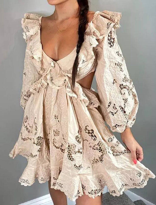 Cut Out Lace Ruffle Dress - BEYAZURA.COM