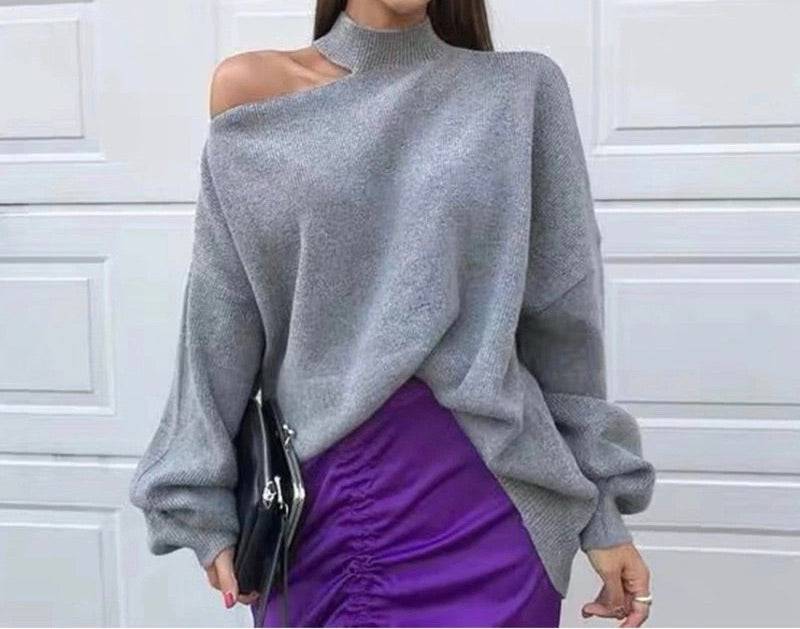 Cut Out Shoulder High Neck Knit Sweater - BEYAZURA.COM