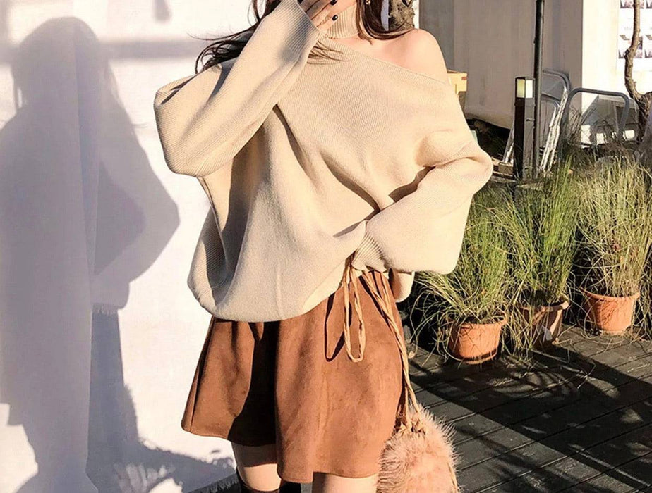 Cut Out Shoulder High Neck Knit Sweater - BEYAZURA.COM