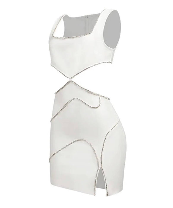 Cutout Bandage Mini Diamond Trim Dress - BEYAZURA.COM