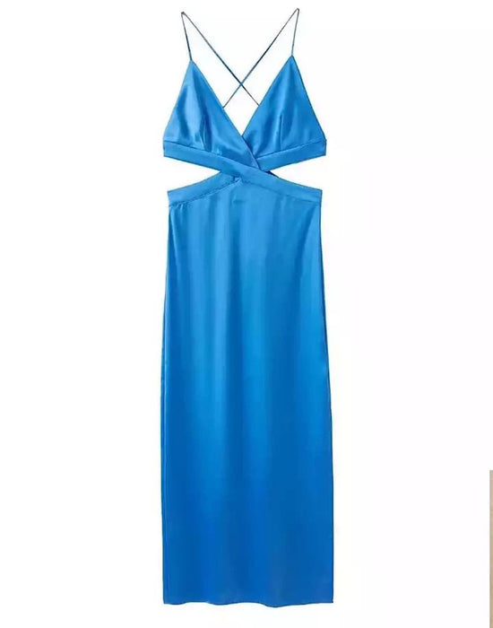 Cutout Silky Satin Long Dress - BEYAZURA.COM