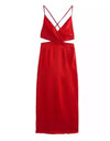 Cutout Silky Satin Long Dress - BEYAZURA.COM