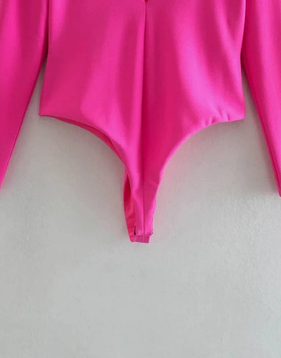 Deep V Neck Cleavage Pink Bodysuit - BEYAZURA.COM