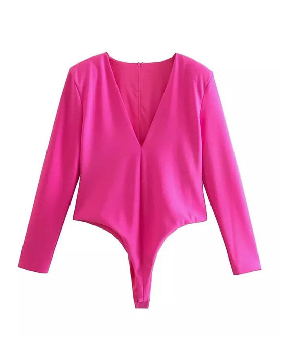 Deep V Neck Cleavage Pink Bodysuit - BEYAZURA.COM