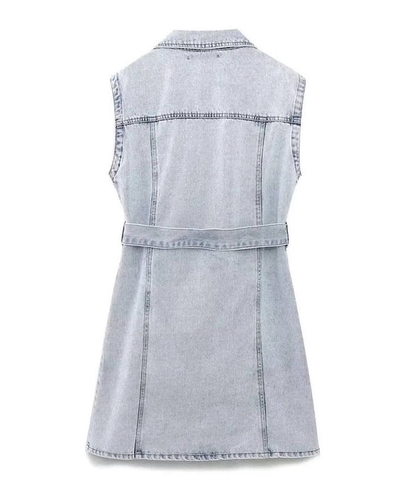 Denim Sleeveless Mini Dress - BEYAZURA.COM