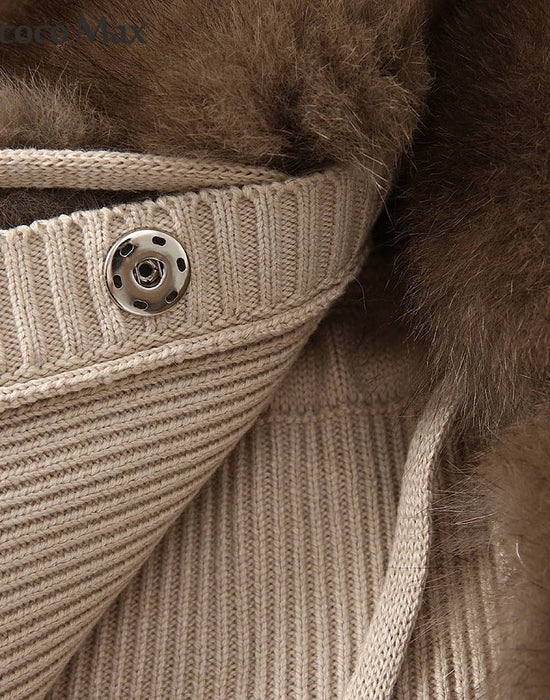Detachable Fox Fur Trim Rib Knit Sweater - BEYAZURA.COM