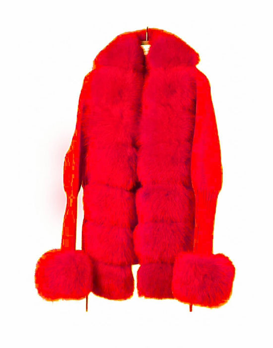 Detachable Fox Fur Trim Rib Knit Sweater - BEYAZURA.COM
