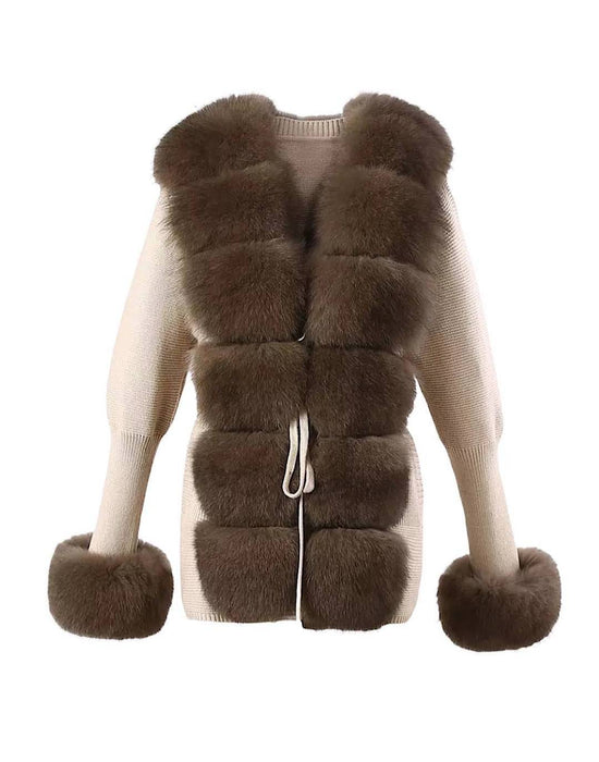 Detachable Fox Fur Trimmed Ribbed Knit Sweater - BEYAZURA.COM