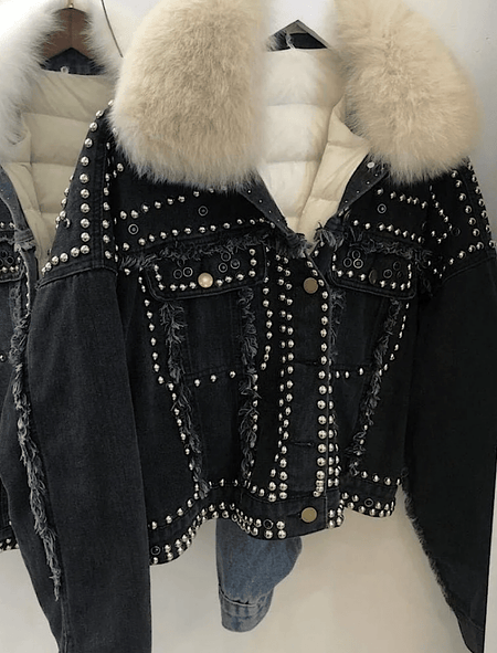 Detachable Fur Trimmed Black Denim Jacket With Studs - BEYAZURA.COM