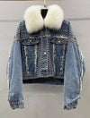 Detachable Fur Trimmed Blue Denim Jacket With Studs - BEYAZURA.COM