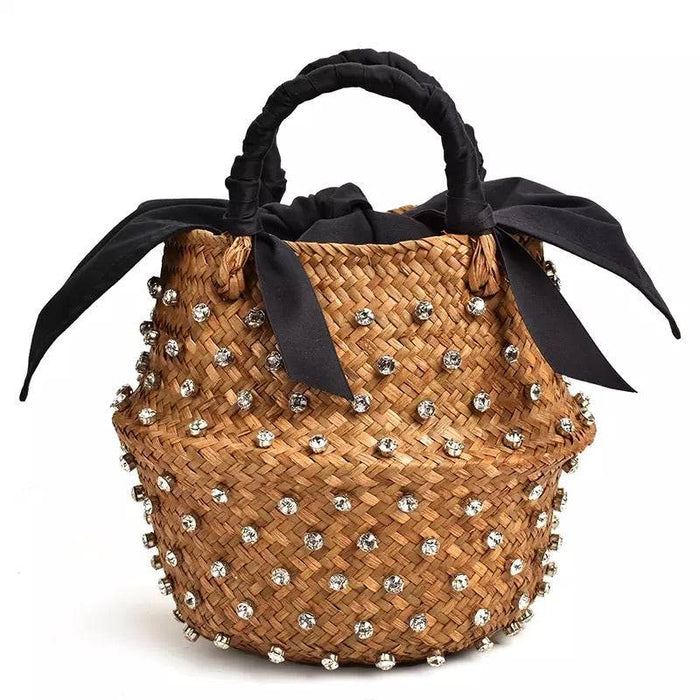 Diamond Decorated Straw Bucket Bag with Black Lining - BEYAZURA.COM