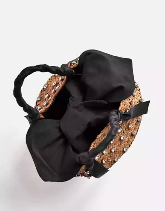 Diamond Decorated Straw Bucket Bag with White Lining - BEYAZURA.COM