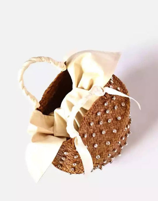 Diamond Decorated Straw Bucket Bag with White Lining - BEYAZURA.COM