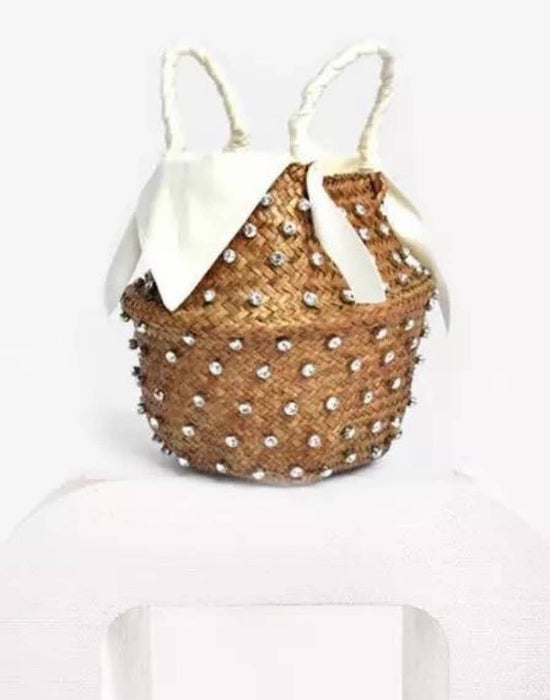 Diamond Decorated Straw Bucket Bag with White Lining - BEYAZURA.COM