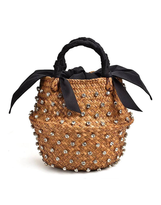 Diamond Decorated Straw Bucket Bag with White Lining - BEYAZURA.COM