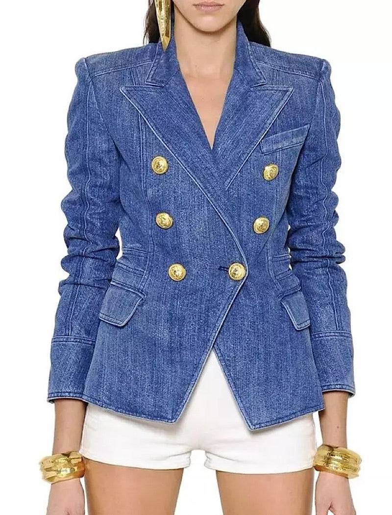 Double Breasted Denim Blazer With Gold Buttons– Beyazura.com
