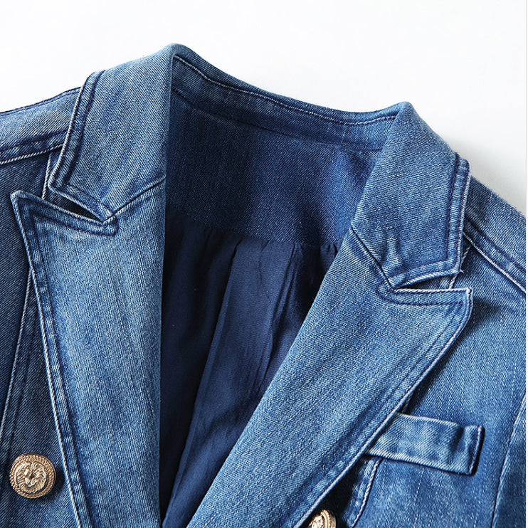 DENIM BLAZER GOLD BUSTIER WITH DENIM CARGO PANTS
