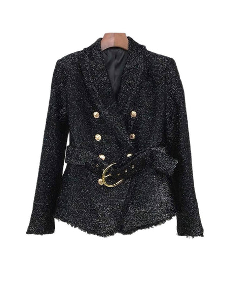 Double Breasted Glittery Belted Blazer With Gold Buttons - BEYAZURA.COM