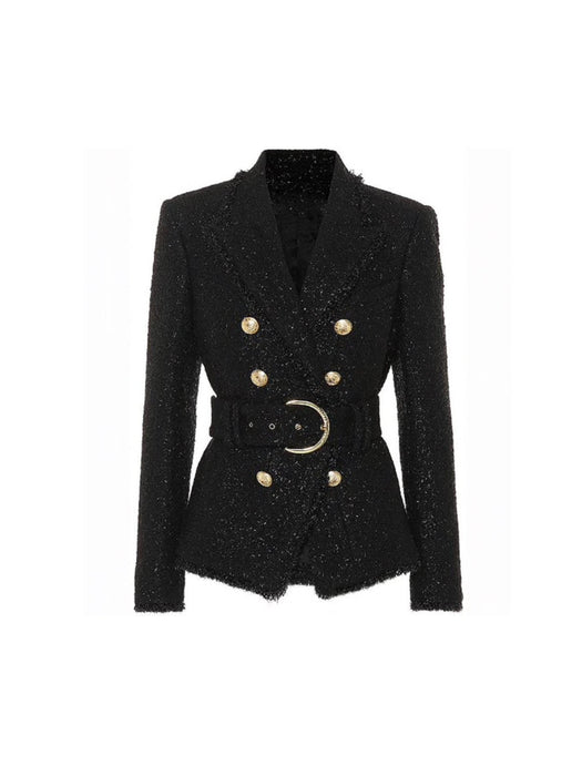 Double Breasted Glittery Belted Blazer With Gold Buttons - BEYAZURA.COM